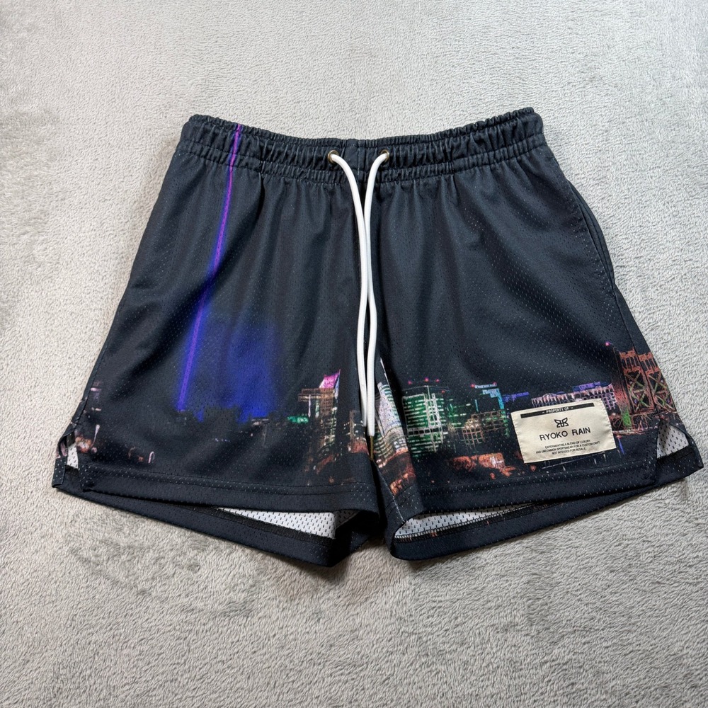 Ryoko Rain Mesh Shorts Mens Large Black Skyline Graphic Drawstring Made in USA